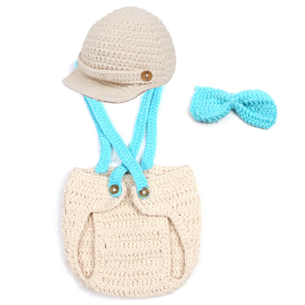 COFFLED Cute Baby Crochet Cap Beanie with Suspenders Bowtie Diaper Cover Outfit Halloween Costume Photo Props