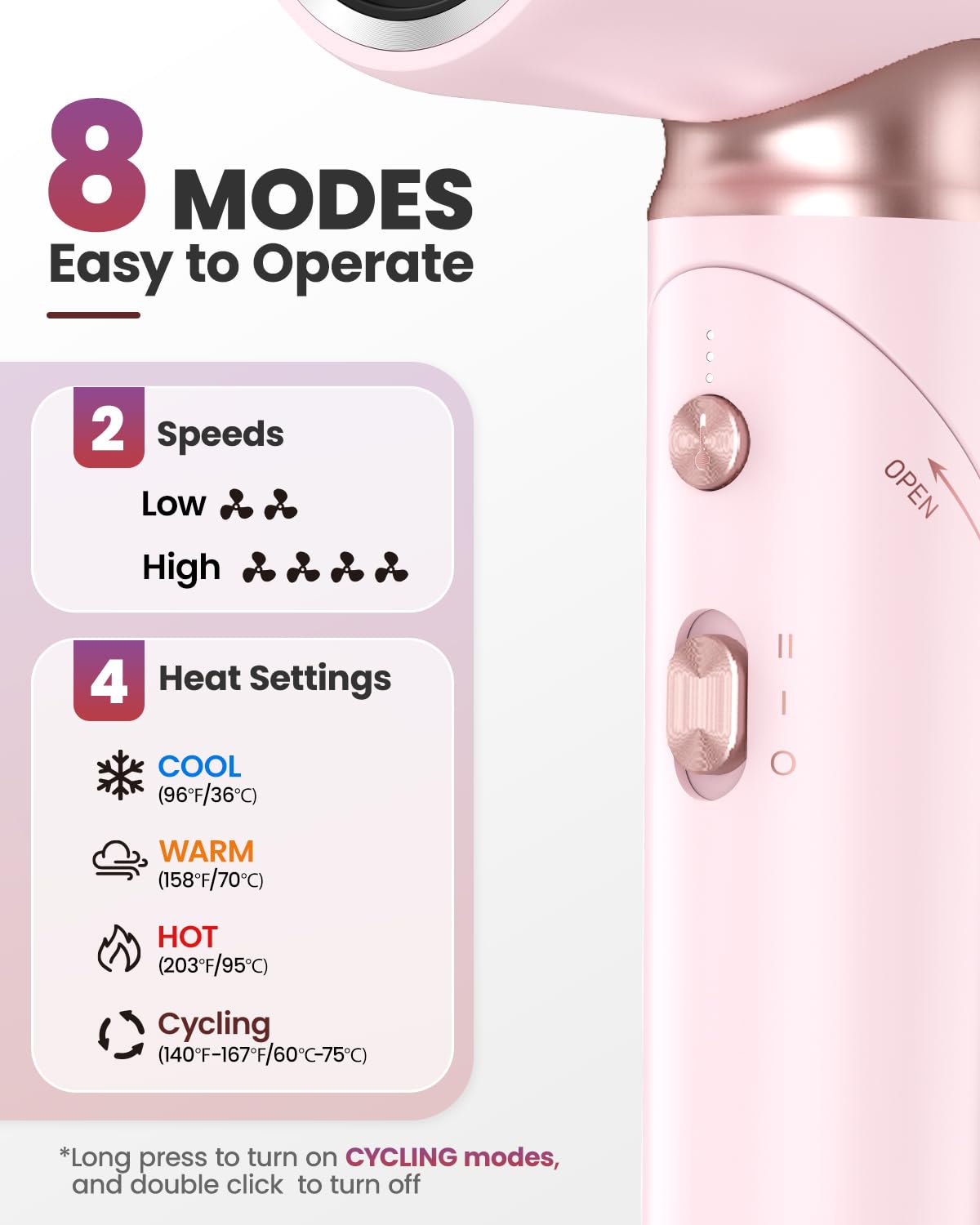 Secador de pelo de viaje de doble voltaje con difusor para secado rápido, secador iónico de alta velocidad plegable para Europa, secadores portátiles con boquillas magnéticas, 1300 W, 100-240 V, rosa