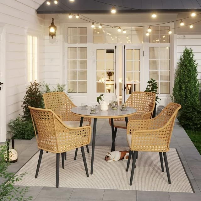 DEVOKO 5 Piece Rattan Wicker Outdoor Dining Set with Waterproof Cushions & Table for Indoor, Poolside, Lawn, Backyard, Garden, Terrace, Balcony (Beige & Cream) Table Without Glass Top