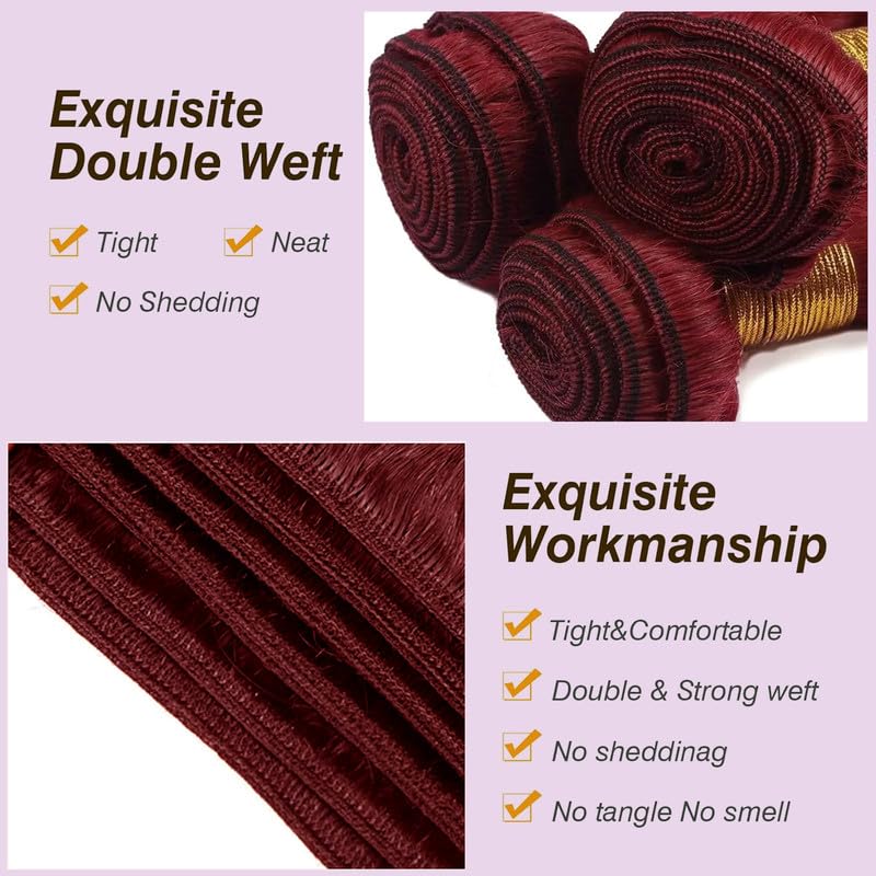 Burgundy Body Wave Bundles Human Hair 16 18 20 Inch Wine Red Bundles Human Hair Extension Brazilian 3 Bundles Human Hair Burgundy Red 100G/Bundle Color 99J
