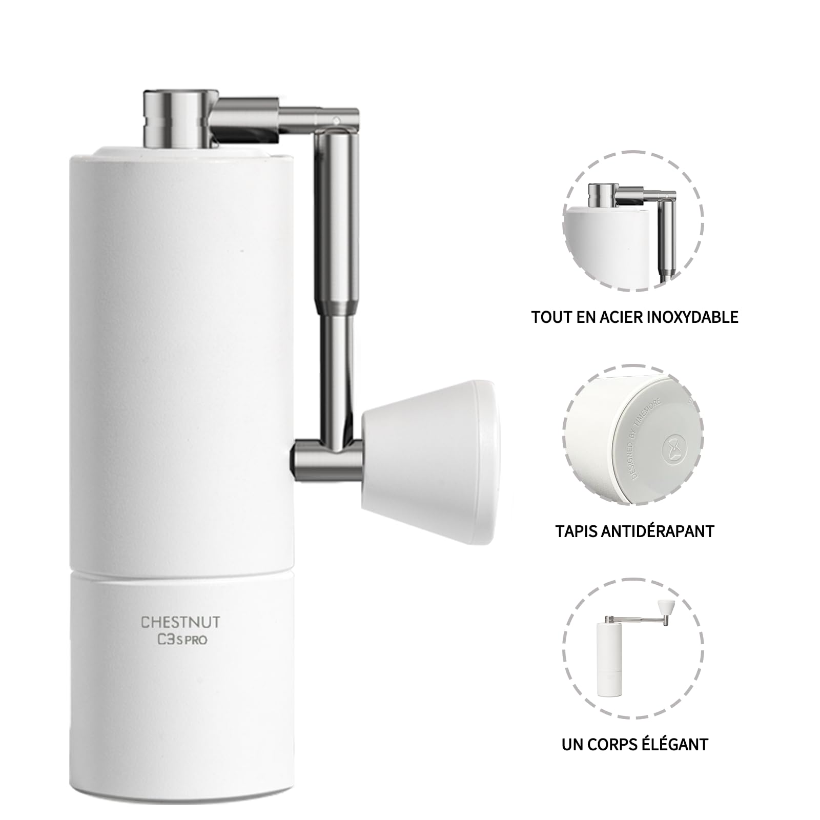 Timemore moulin à café manuel moulin à café conique en acier Chestnut c3s pro inoxydable avec poignée pliable réglable à l'intérieur capacité 20g Blanc