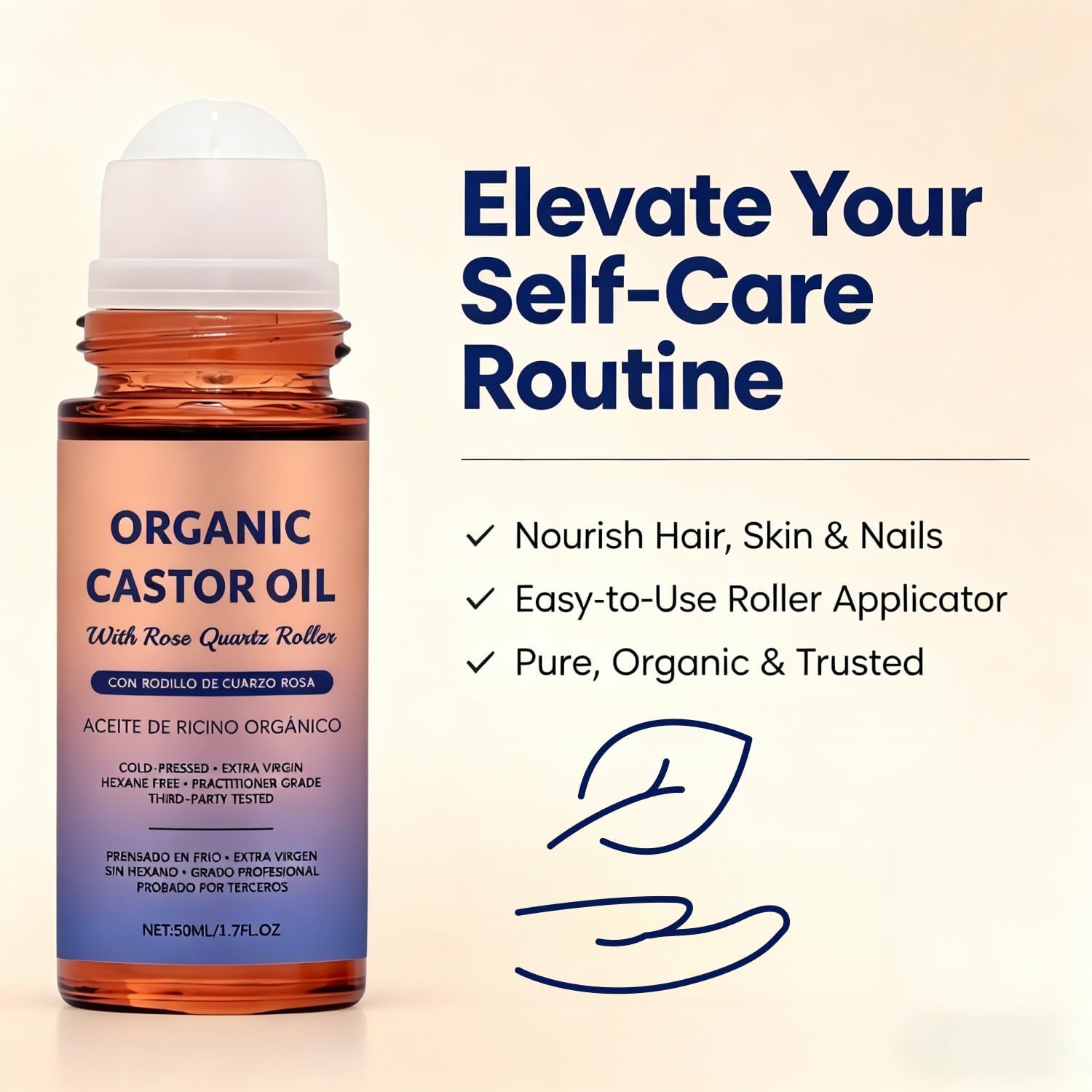Organic Castor Oil with Rose Quartz Roller, Pure Organic Cold-Pressed Castor Essential Oil Roller Ball,Deep Hydration & Smoothing, Suitable for All Skin Types (1) — view 5