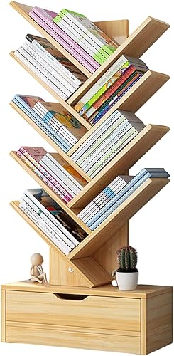 Estantería con cajón, estantería de madera de 8 niveles con capacidad de carga fuerte, estante de almacenamiento de libros de madera alto para