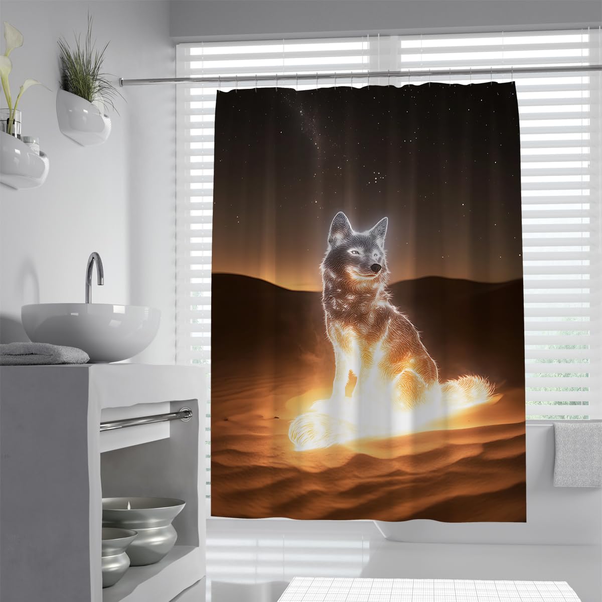 UIRINGART Mystic Wolf Bath Curtains W120xL180cm Water Repellent Anti Mould Desert Night Sky Animal Art Fabric Bathroom Screen Rustproof Grommets Tub Liners Spa