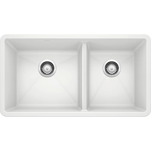BLANCO 441125 Precis Silgranit 60/40 Double Bowl Undermount Kitchen Sink, 33" L X 18" W X 9.5" D, White