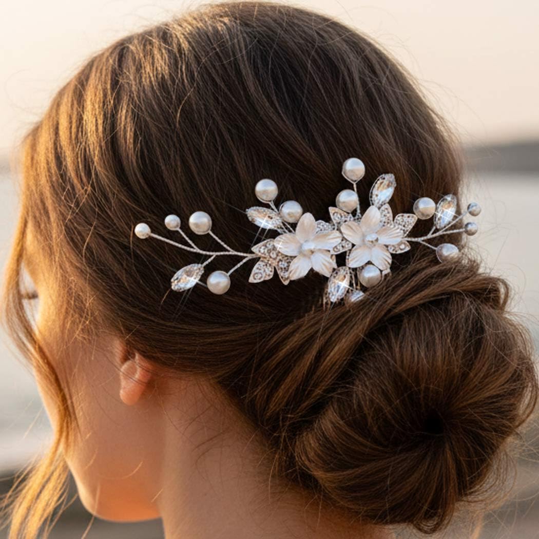 Unsutuo Bridal Flower Hair Comb Crystal Pearl Headpieces Silver Rhinestone Hair Accessories for Women and Girls