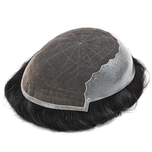 Miniatura 3 de Toupee - Sistemas de reemplazo de cabello para hombre, encaje frontal suizo, nudo blanqueado, pieza de cabello humano natural (1# negro azabache, 8