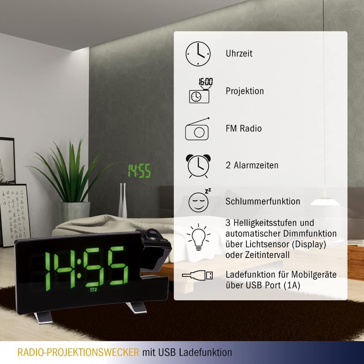 TFA Dostmann Sveglia di proiezione 60.5015.04 con radio FM, 2 allarmi, nero con cifre luminose verdi, plastica, (L) 180 x (L) 48 x (H) 100 mm