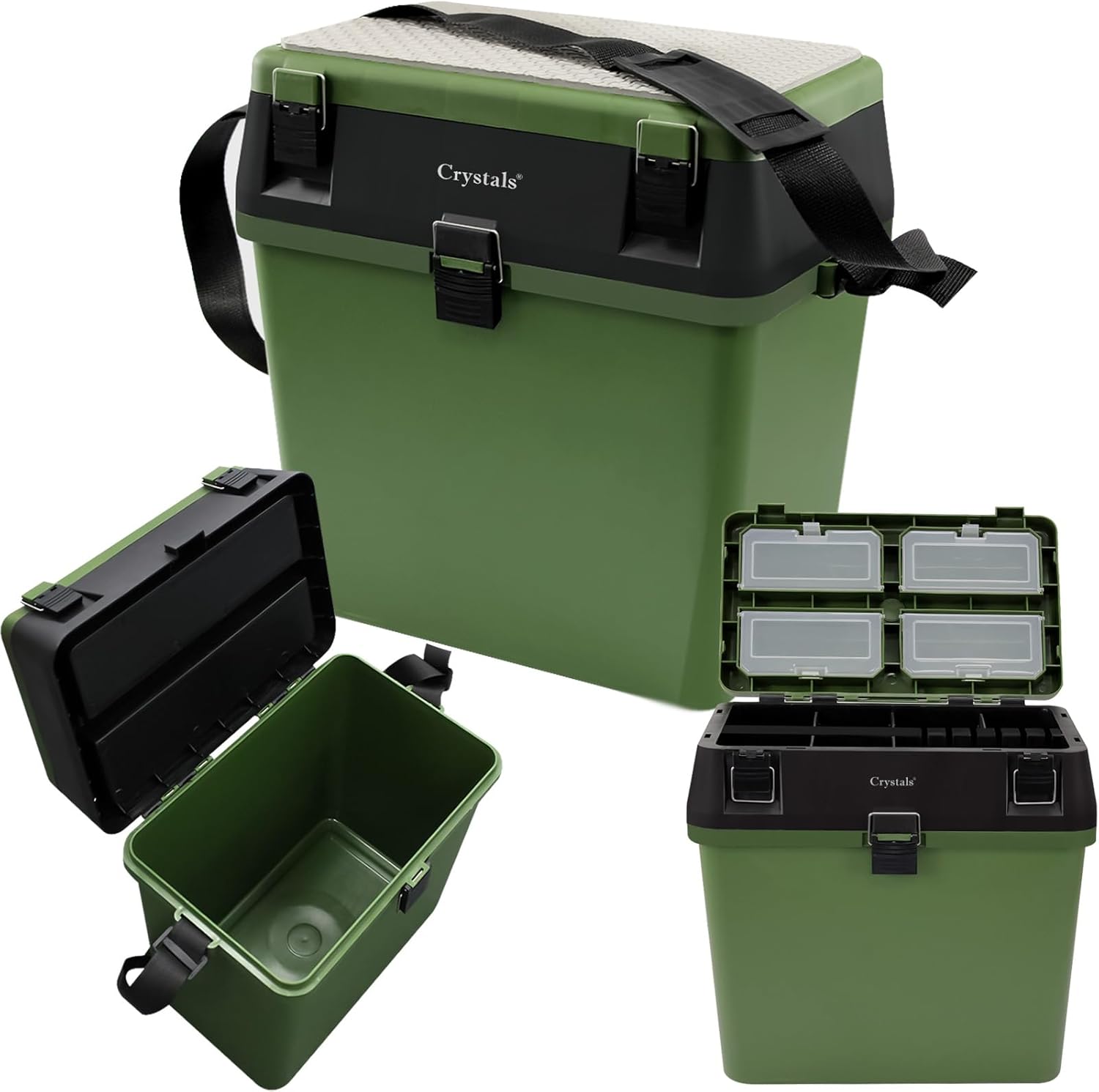 Crystals Fishing Tacke Box Seat - Sea Fishing Padded Seat with Bait Lure Box Set - Carp Fishing Kit Accessories Box - Fishing Gear Storage Organiser, Green/Black 3