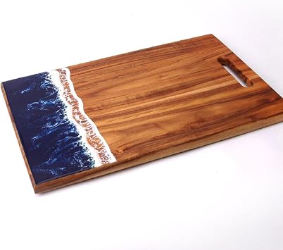 Natural Wood Ocean Wave Cutting Board with Handle, Epoxy Resin Wave, Corporate Gift, Realtor Gift, Cheese Board, Charcuterie Board Rectangular 13.3x8.6