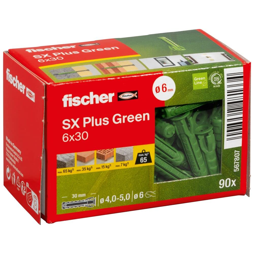 fischer Expansion dowels SX Plus Green 6 x 30, Box of 90 Sustainable dowels, All-Purpose dowels Made from Renewable raw Materials, Optimal Hold in Concrete, Solid Brick, aerated Concrete, Perforated