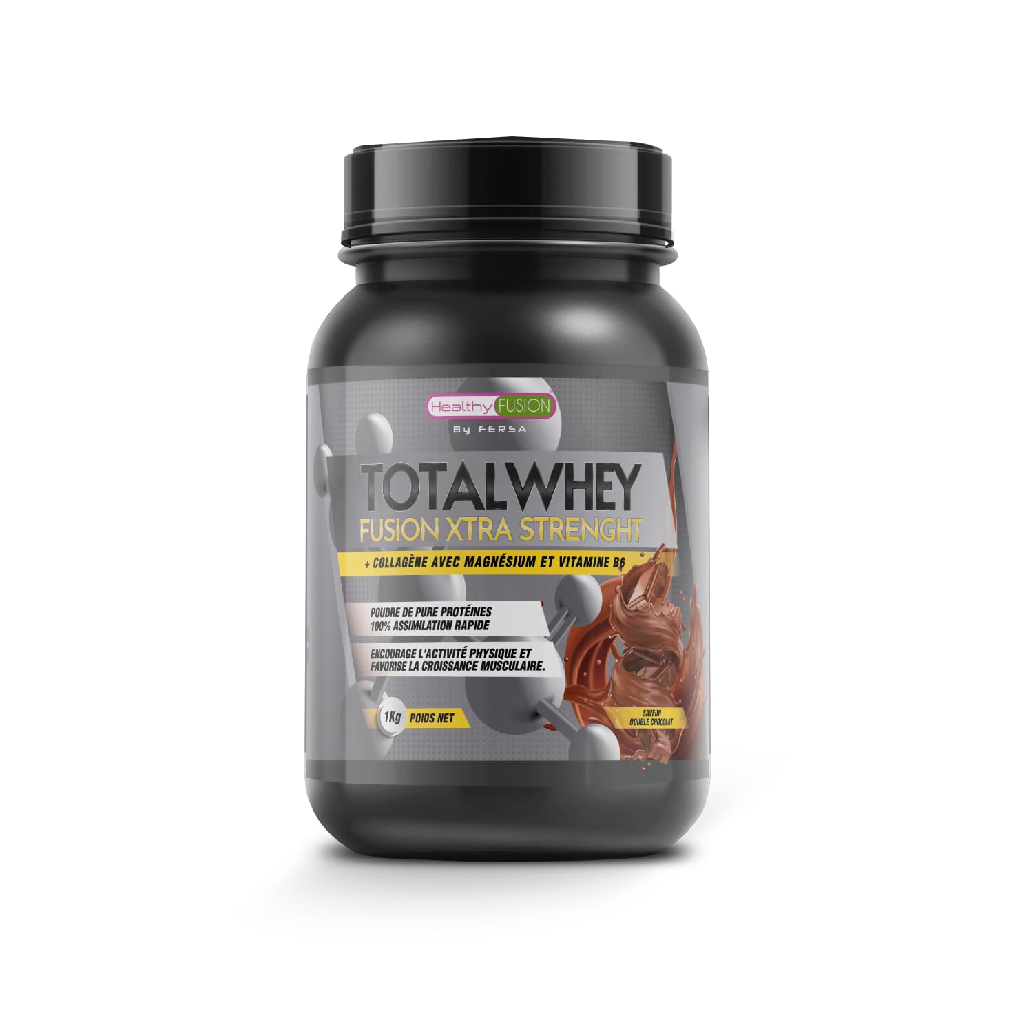 Healthy Fusion Whey Protein | 43 g/dose Protéine Pure | Collagène, Magnésium et Vitamine B6 | Augmente la masse musculaire, améliore l’entraînement, renforce les articulations | Double Chocolat 1kg