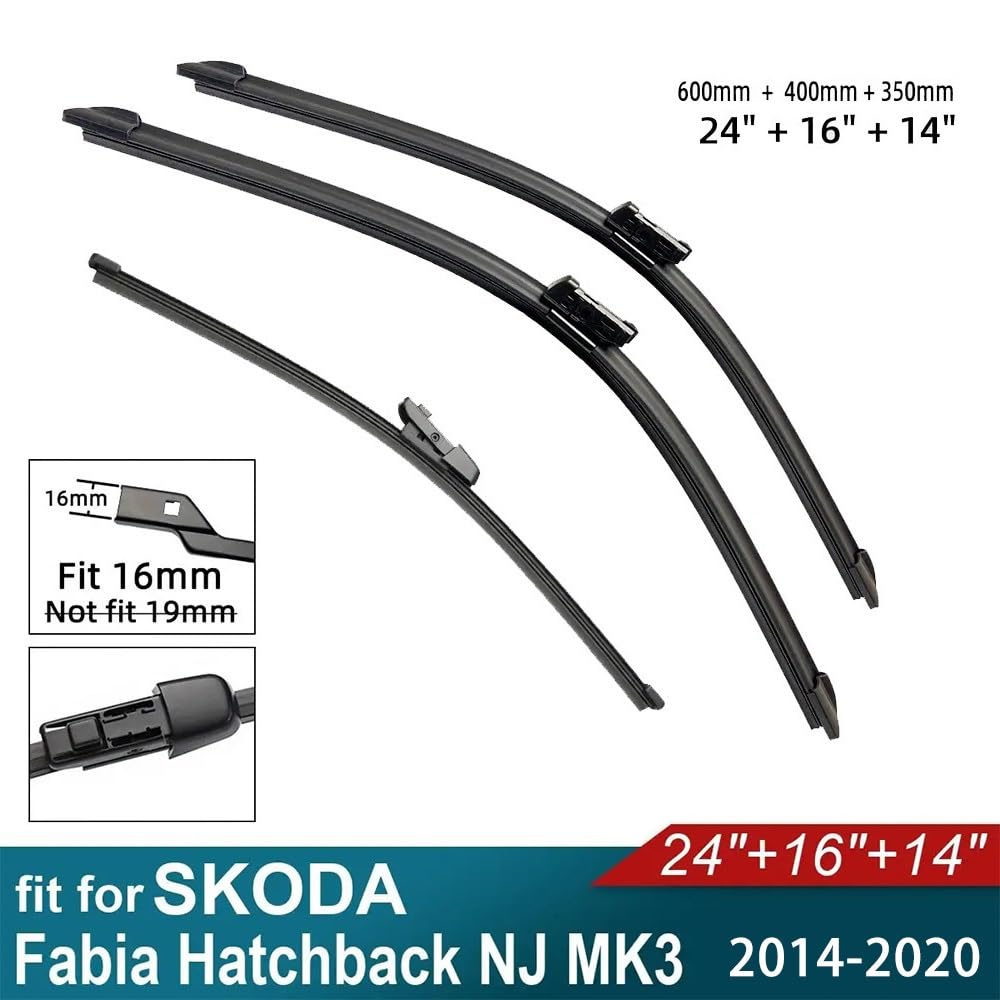 3 szt. Zestaw piór wycieraczek przednich i tylnych kompatybilny z Skoda Fabia NJ Hatchback 2014-2020 szyba przednia szyba przednia 24 "16" 14"