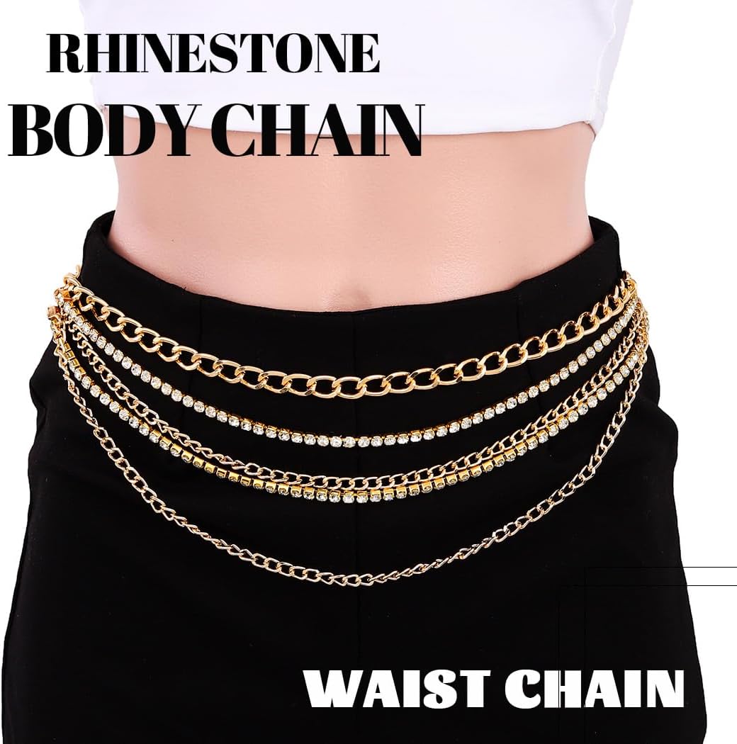 Abien Rhinestone Waist Chain Gold Crystal Chain Belt Layered Metal Belly Chain Boho Body Chain Party Bikini Jewelry for Women - Image 2