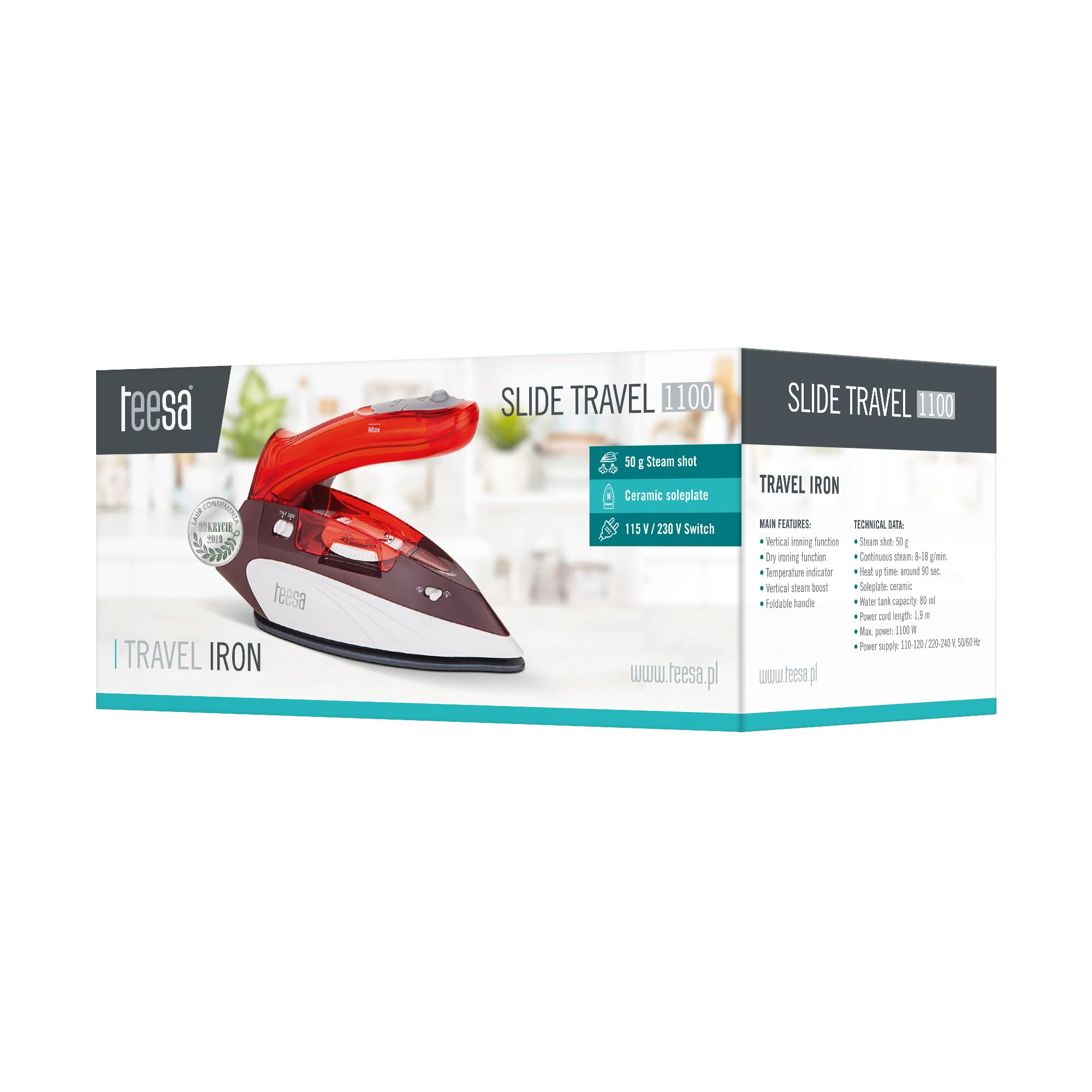 Teesa SLIDE TRAVEL 1100 - Ferro da stiro da viaggio, colore: Rosso/Bianco/Grigio