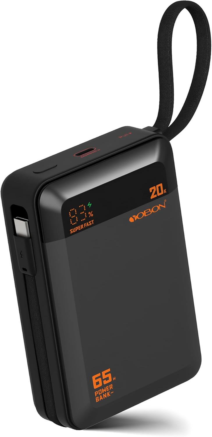 Power Bank 65W Laptop Portable Charger, 20000mAh Fast Charging Battery Pack with Built-in Bi-Directional USB C Cable, Compact Travel Charger for iPhone 17/16/15, Samsung, Tablet, MacBook and More