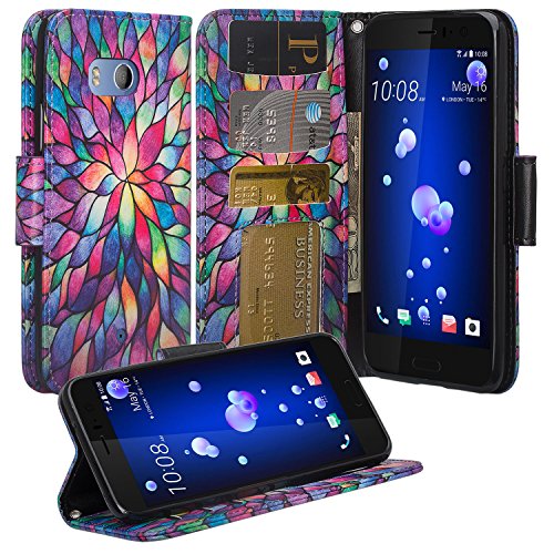 HTC U11 Case, HTC U11 Wallet Case, Wrist Strap Flip Folio [Kickstand Feature] Pu Leather Wallet Case with ID&Credit Card Slot for HTC U11 (2017) - (Rainbow Flower)