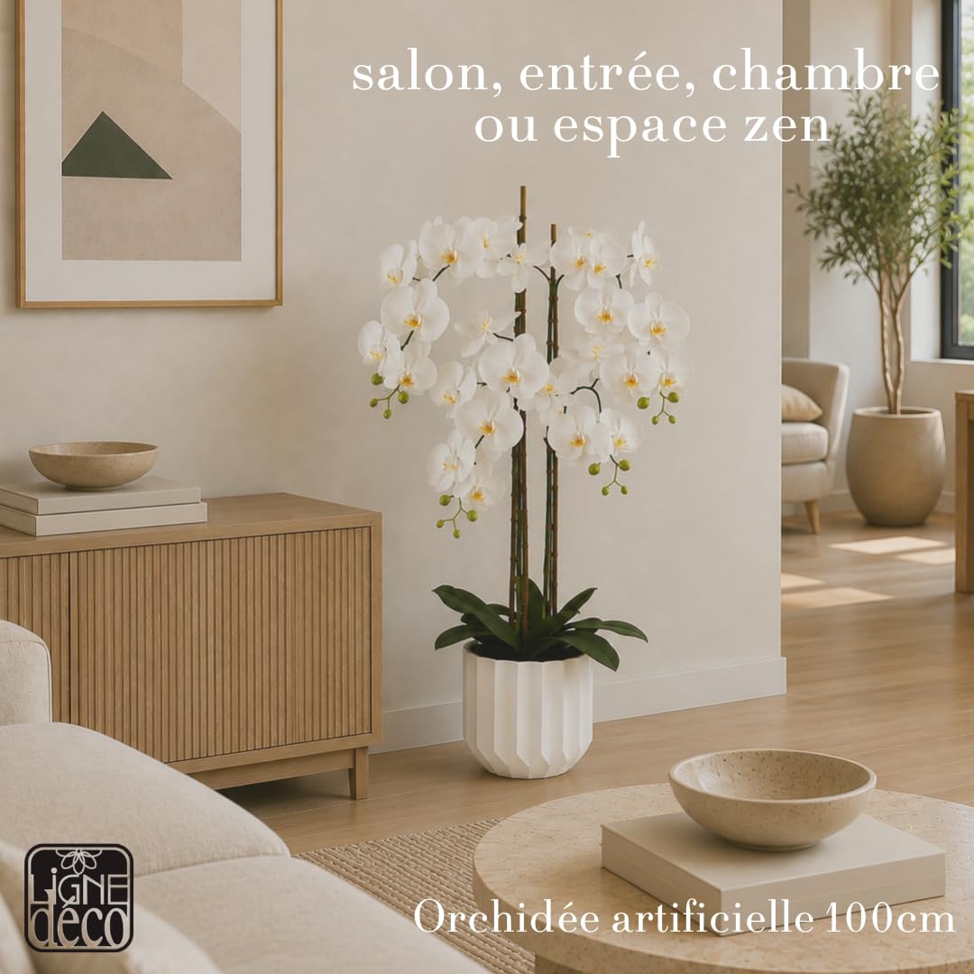 Ligne Déco - Orchidée Artificielle 100cm | Pot Plastique Blanc Intérieur Imitation Terre