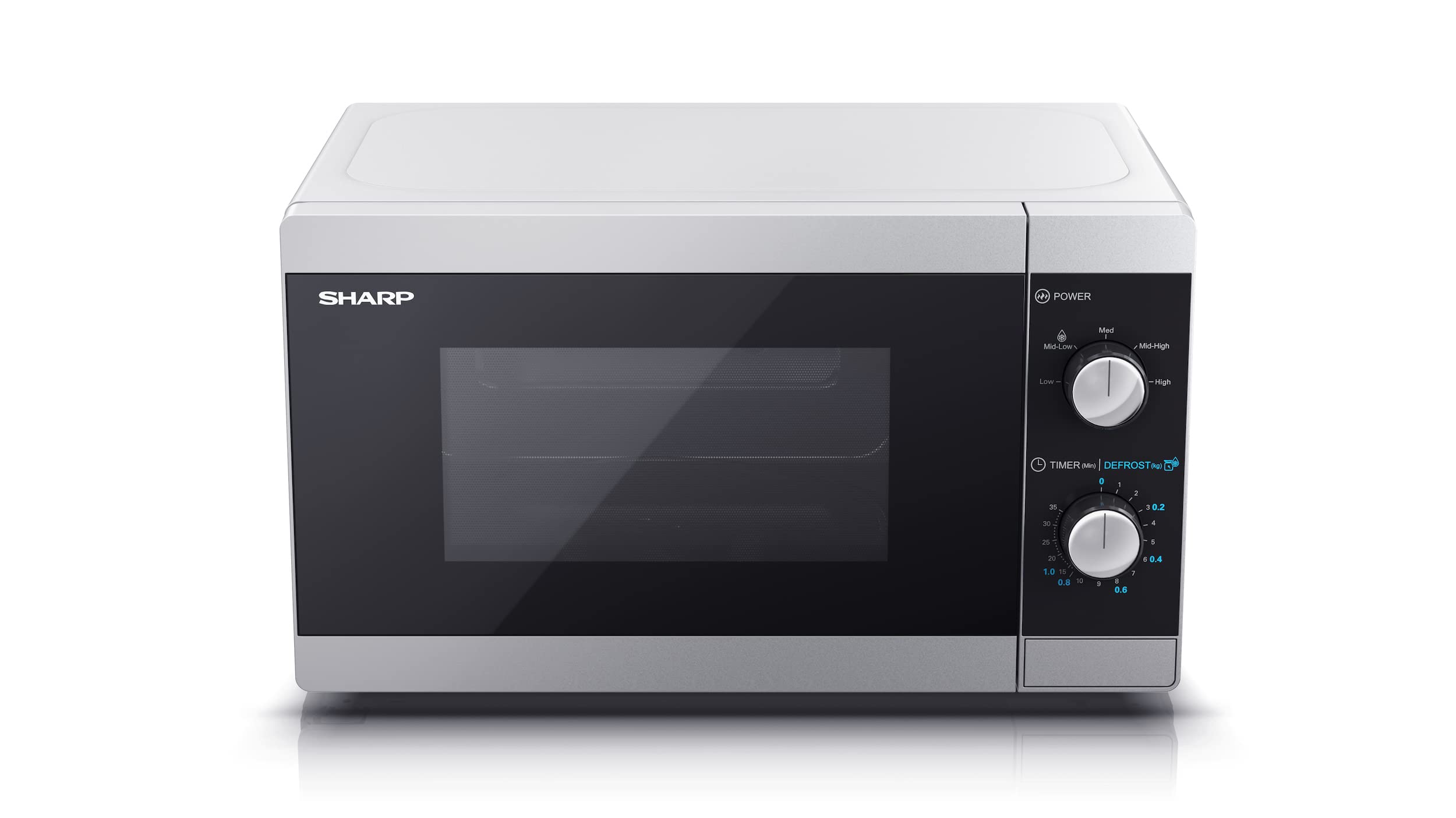 SHARP MS01E Mikrowelle (Mikrowelle: 800W, 5 Leistungsstufen, Auftaufunktion, Abmessungen: 440x258x344cm), silber | 800W, 5 Leistungsstufen, Drehregler, Drehteller