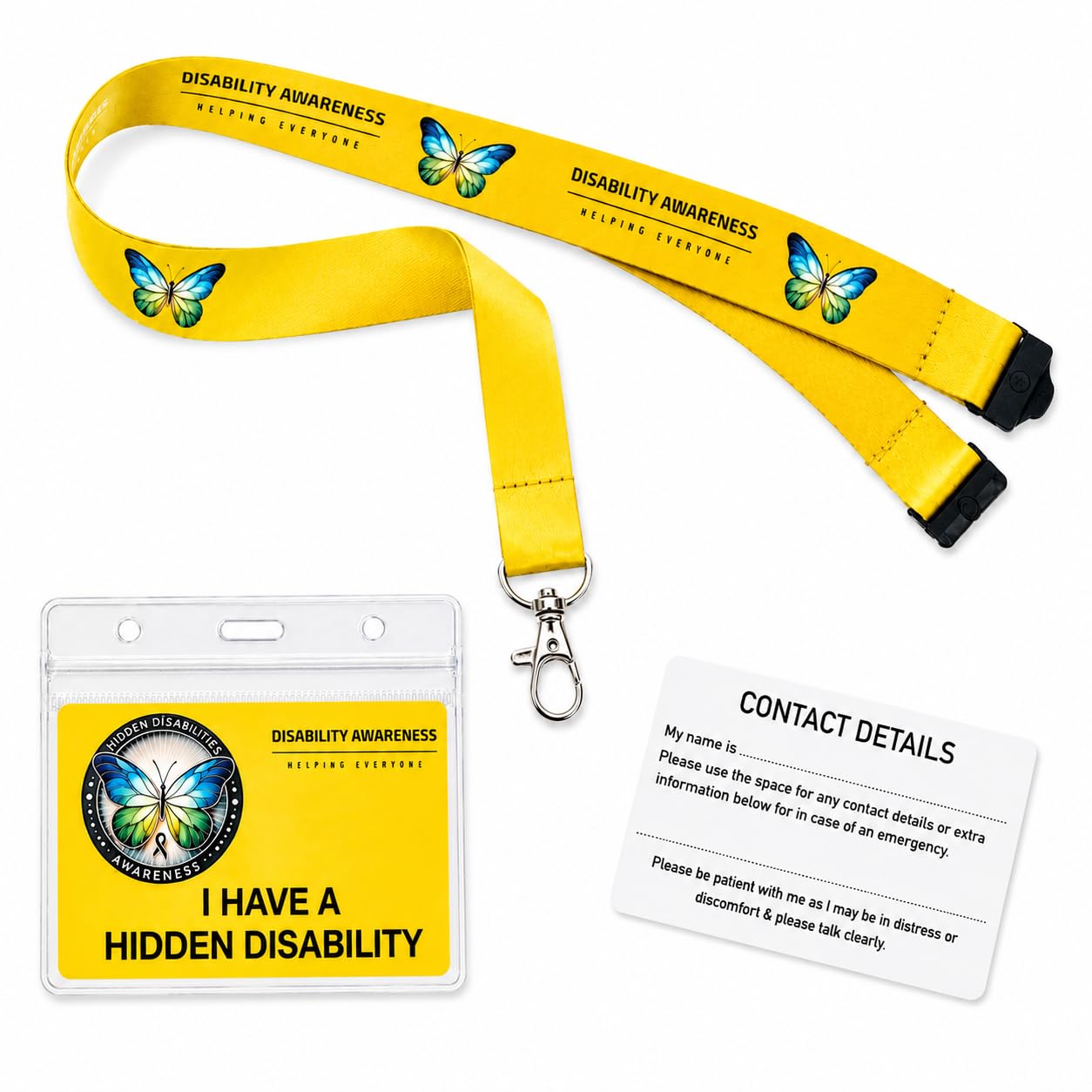 Hidden Disability Awareness Card & Yellow Butterfly Lanyard | Waterproof ID Card Holder | Medical Alert Card | Hidden Disability Lanyard with Breakaway Safety | Printed in UK | Quantum Leap โ image 1