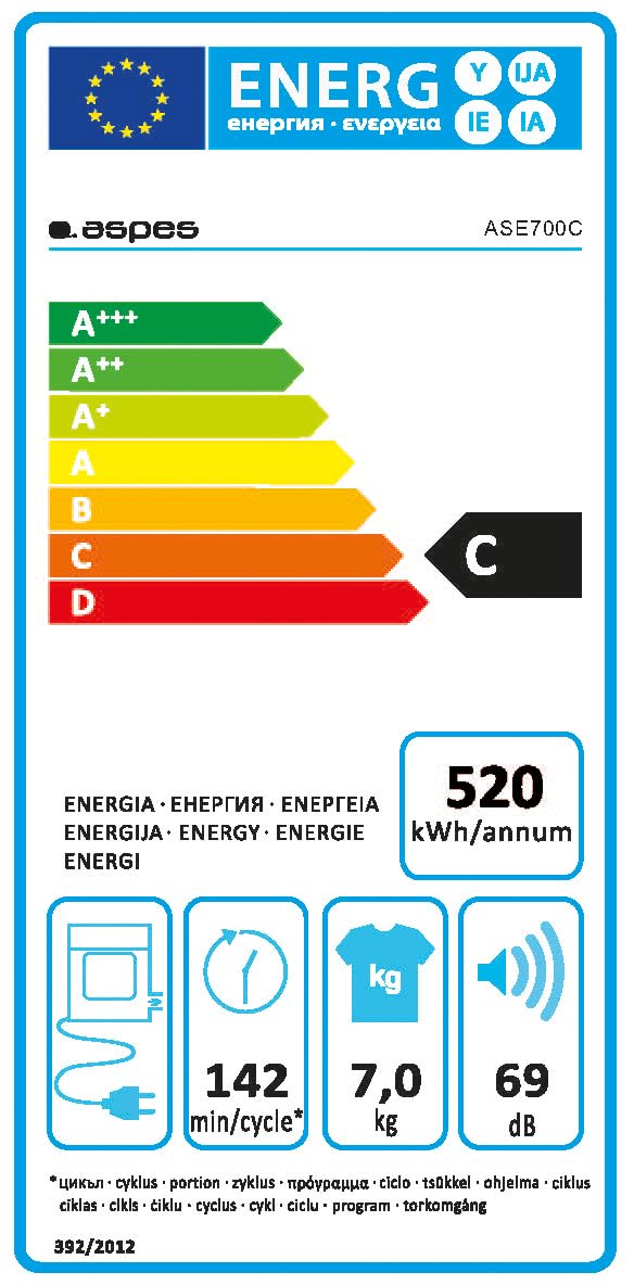 Aspes Secadora de Evacuación 7Kg Carga Frontal Blanco ASE700C. 2000W, 16 Programas, Función Antiarrugas, Función Antiarrugas, Display LED manual, Eficiencia Energética Clase C