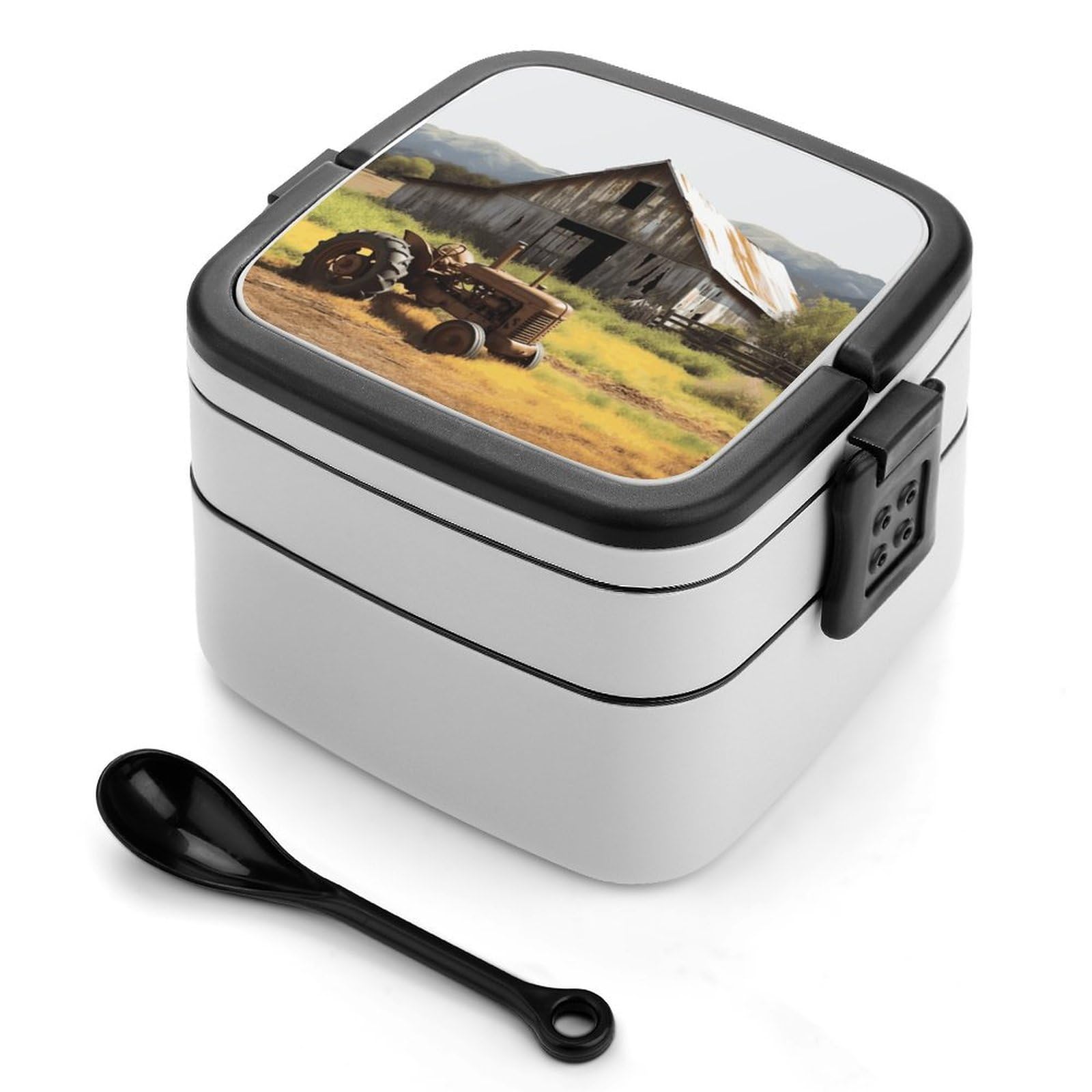 Old Wooden Barn with Rusted Tractor Bento Box Portable Adult Lunch Box with 2 Layer&Spoon Reusable Insulated Lunchbox Large Food Containers Leak Proof Lunch Containers for Work Camping Meal Prep