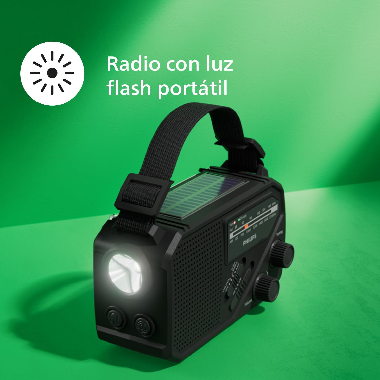 Philips TAR1659 Radio portátil FM/AM con batería recargable integrada, batería AAA y energía de emergencia de manivela, energía solar, luz LED integrada y linterna para camping, senderismo y cortes de