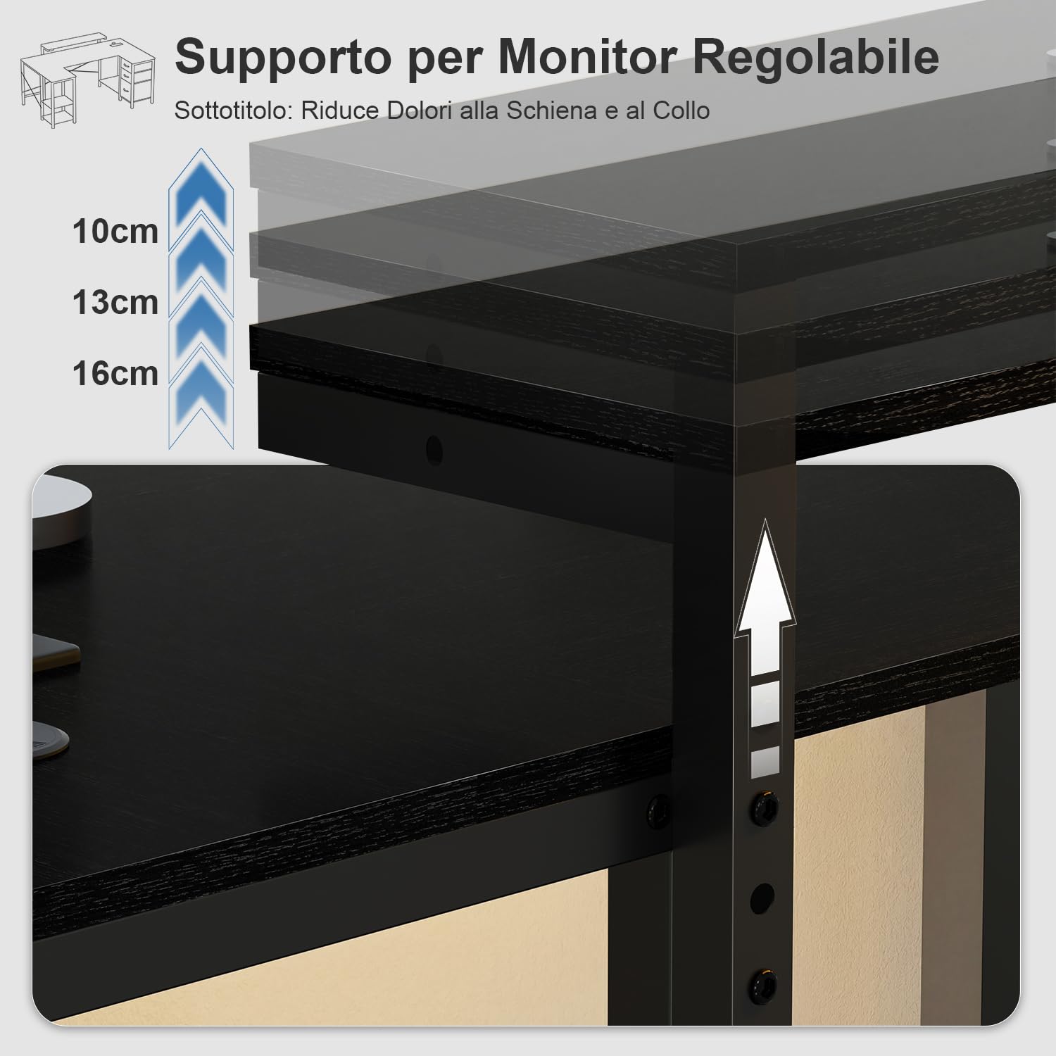 Devoko Scrivania Angolare 170x95 cm, Tavolo A L Da Gioco con 3 Cassetti, Illuminazione LED, Supporto Monitor, 2 Prese + 2 USB, Adatta per Ufficio/Studio, Ideale per Camere, Nera | Illuminazione RGB, Doppio Supporto Monitor, 3 Cassetti, Mensola Laterale, P