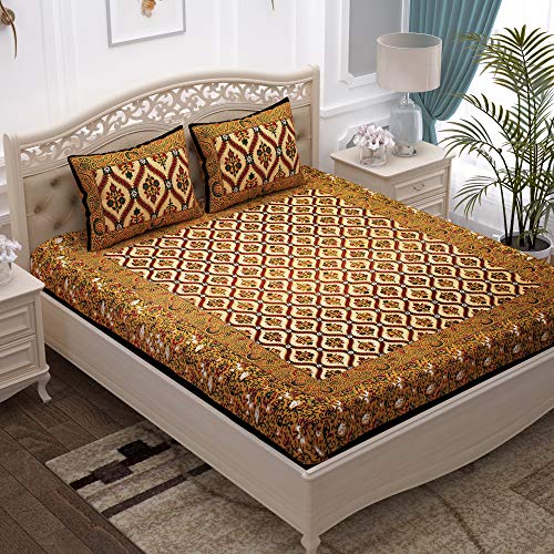 Image of Story@Home 100% Cotton Bedsheet for Double Bed with 2 Pillow Covers|90x108 Inch Abstract Floral Mustard and Red