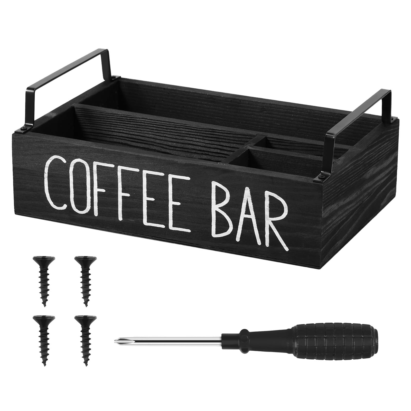 Coffee Station Organizer 4 Compartments Coffee Bar Accessories Organizer with 2 Handles Wood Coffee Pods Holder Storage Basket Versatile Coffee Organizer Station for Countertop Coffee Bar (Black)