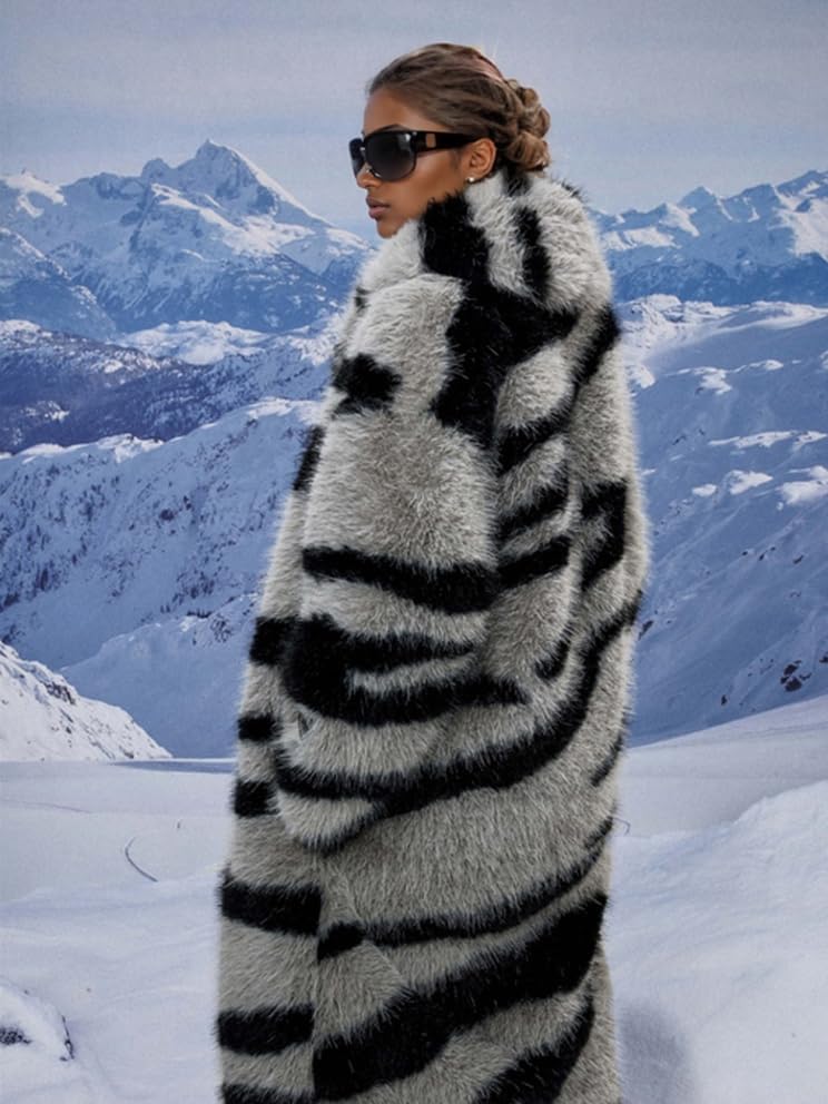 Shaggy Faux Fur Collar Long Sleeve Long Length Gray Jacket Women's Fashion Coat4