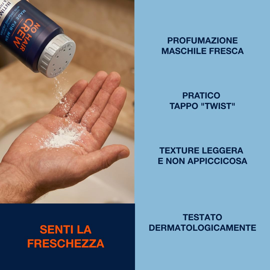 NO HAIR CREW Dry & Fresh Polvere Intima Uomo 100 g – Polvere Corpo Senza Talco contro Sudore, Odori e Sfregamenti – Sensazione di Freschezza e Comfort Duraturi