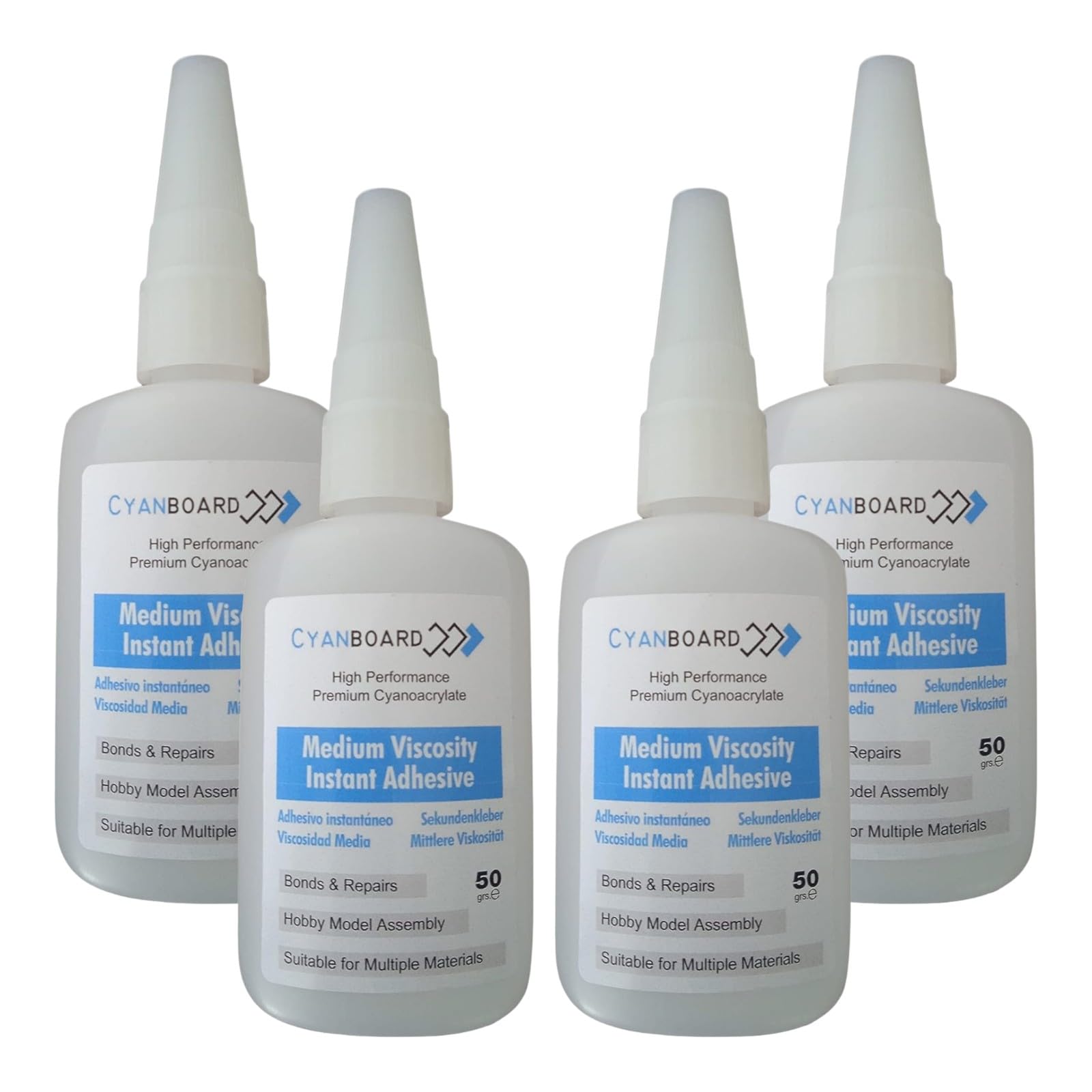 Cyanboard, 4 unidades de 50grs de adhesivo instantáneo de cianoacrilato viscosidad media. Pegamento múltiples materiales, modelismo y maquetas, reparaciones.