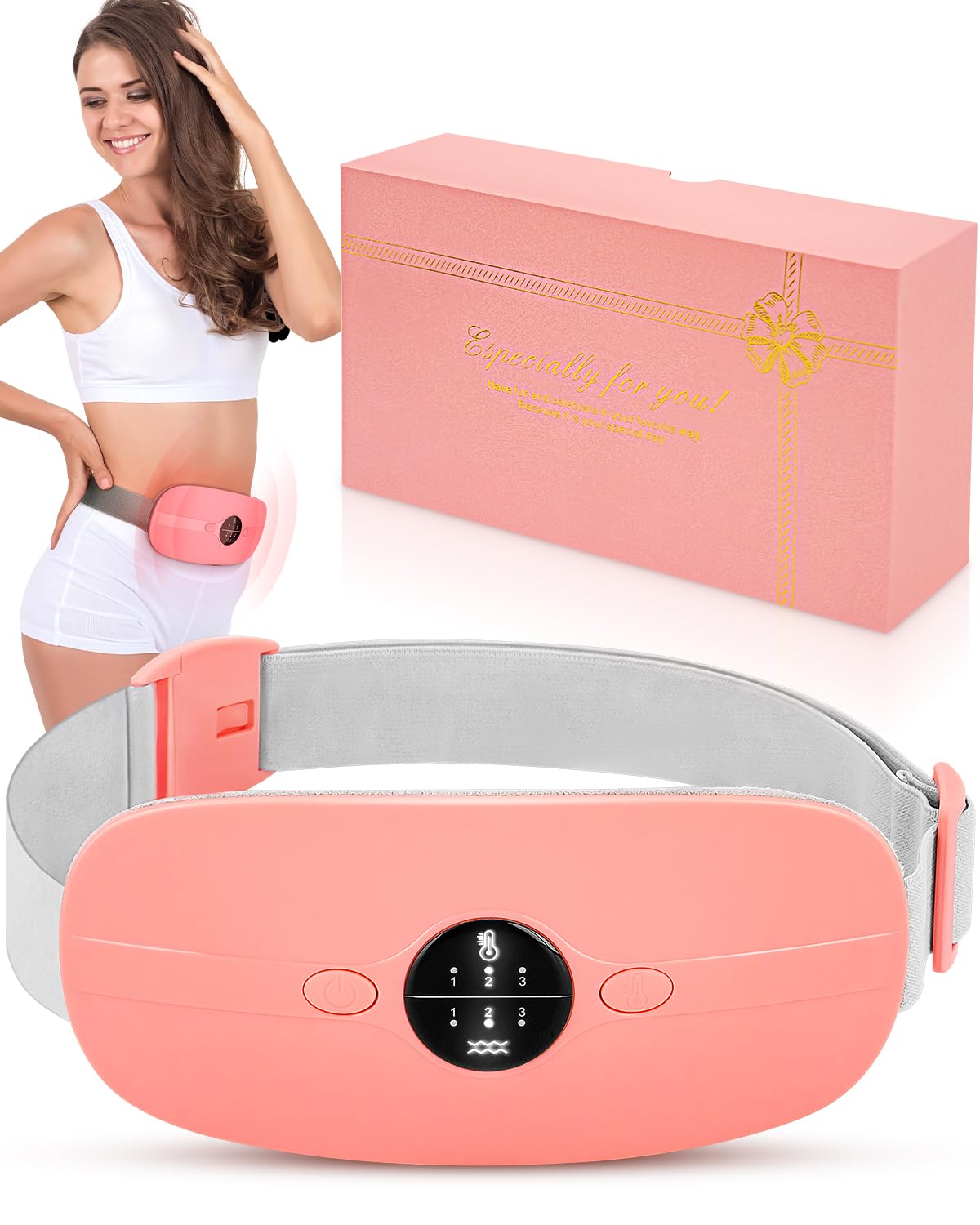 FTOYINMenstrual Heating Pad Cordless Period Cramp Heating Pad with 3 Heat Levels and 3 Massage Modes, Portable Heat Pad for Women Girls, Fast Heating Belt for Back Pain Relief Waist Abdomen