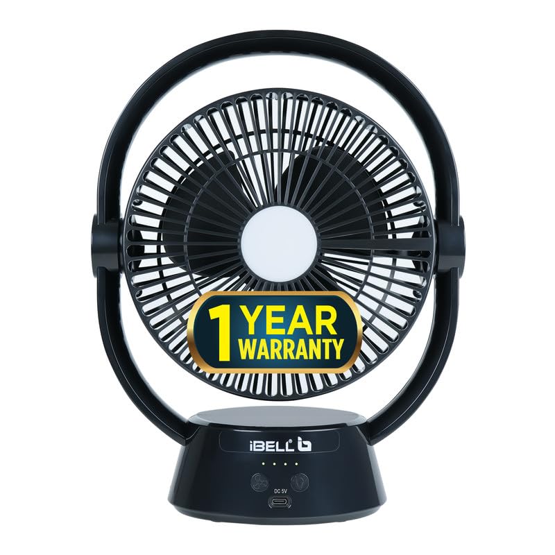 Image of IBELL Portable Table Fan Rechargeable For Home, Mini Size, High Speed, With 2 LED Light Settings, 3 Speed Modes, USB Charging, High Speed (Black)