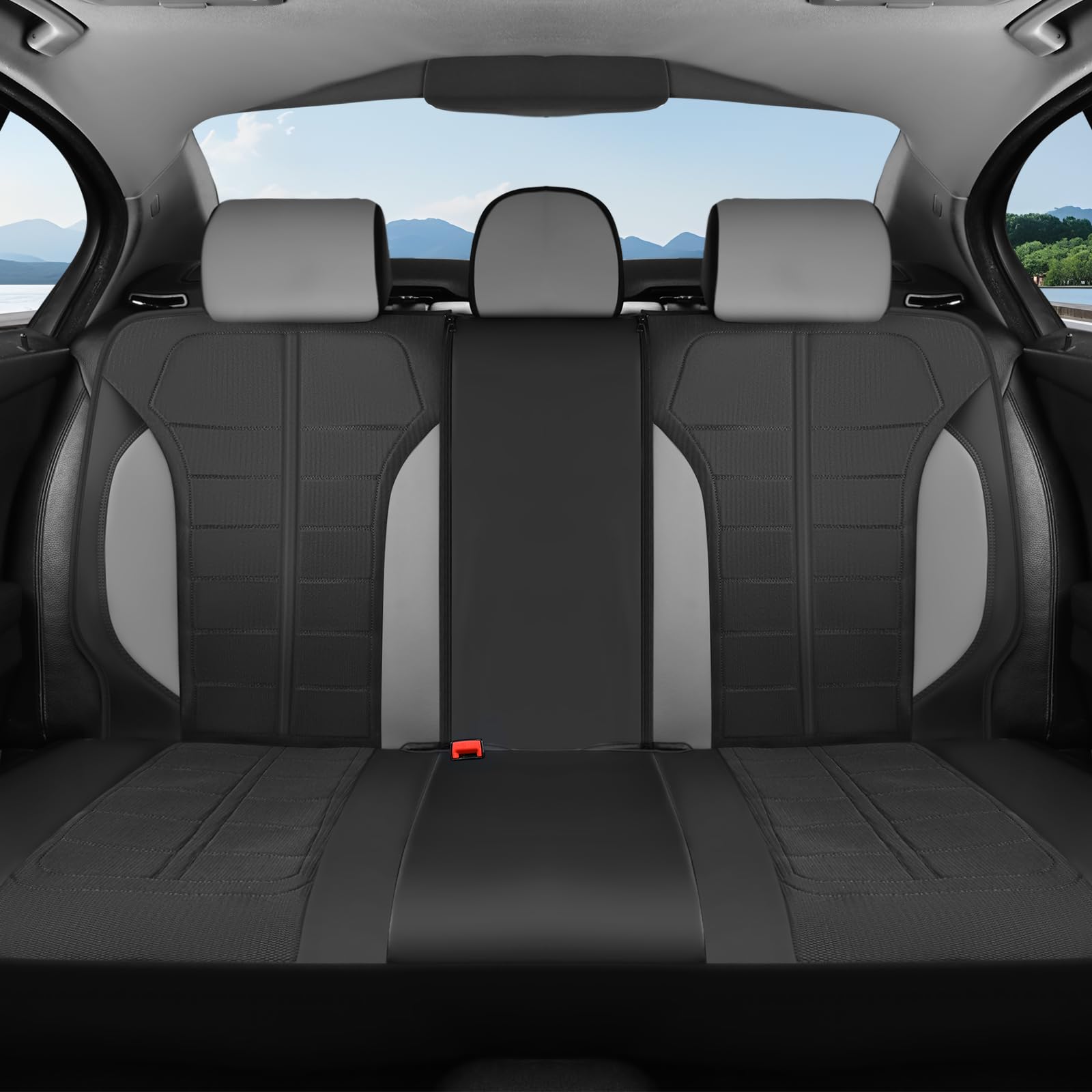 Coverado Leather and Air Mesh Seat Cover, Car Seat Cover Rear Seats, 3D Breathable Seat Protectors Sports Carbon Fiber Airbag Compatible Comfort Universal for Most Cars, Van,Trucks, SUV, Black&amp;Grey