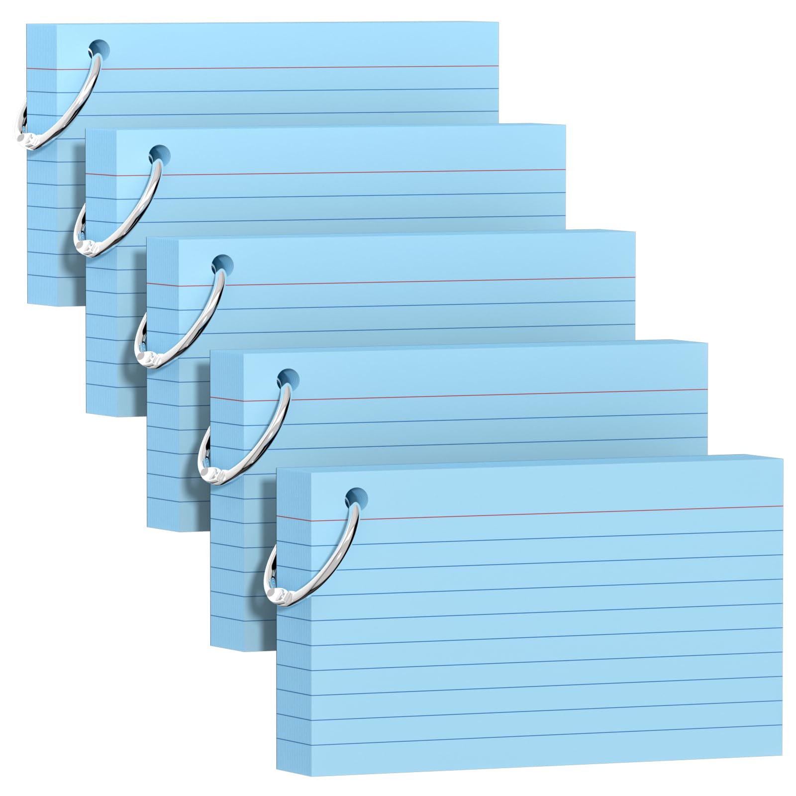 250 Count Blue Index Cards 3x5 Inch with Key Ring, Color Flash Index Card (50 Sheets Each), Durable & Portable Note Taking for Students, Teachers, Study Note Cards for Office Home School