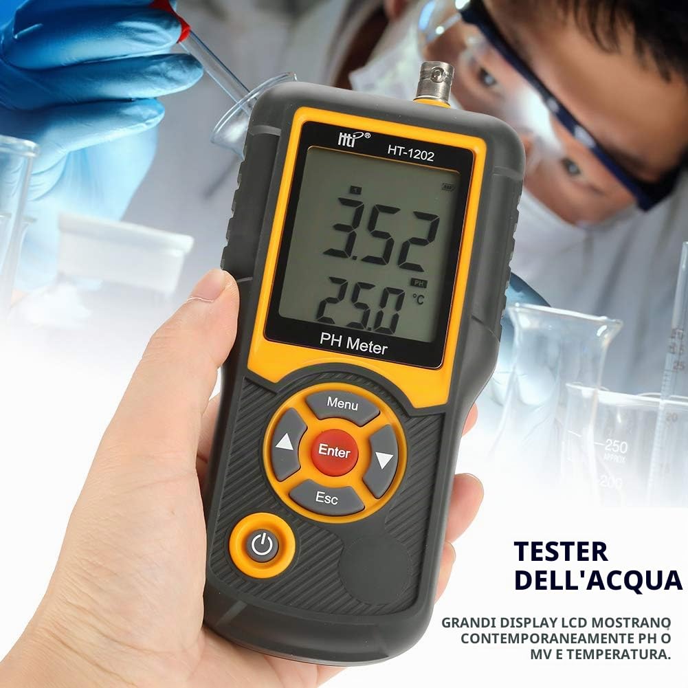 HT-1202 pH-metro,Mini PH metro Elettronica digitale professionale - con alta precisione di misurazione e con grandi schermi LCD visualizzano simultaneamente PH o mV e temperatura
