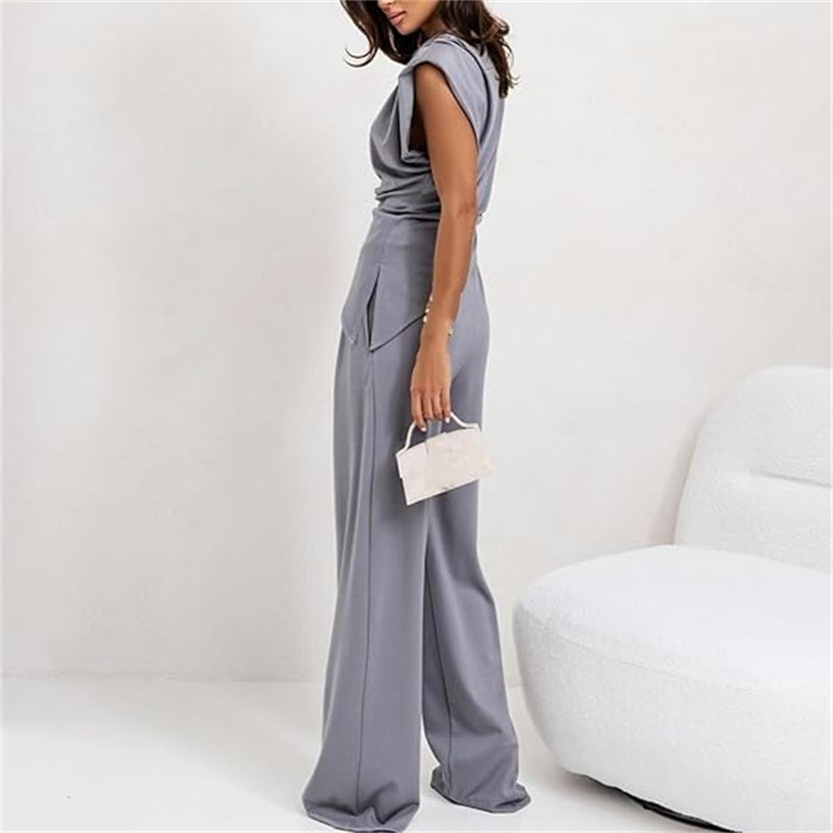 Ensemble d'affaires décontracté plissé sans manches à col rond pour femme - Haut irrégulier de couleur unie et pantalon taille haute
