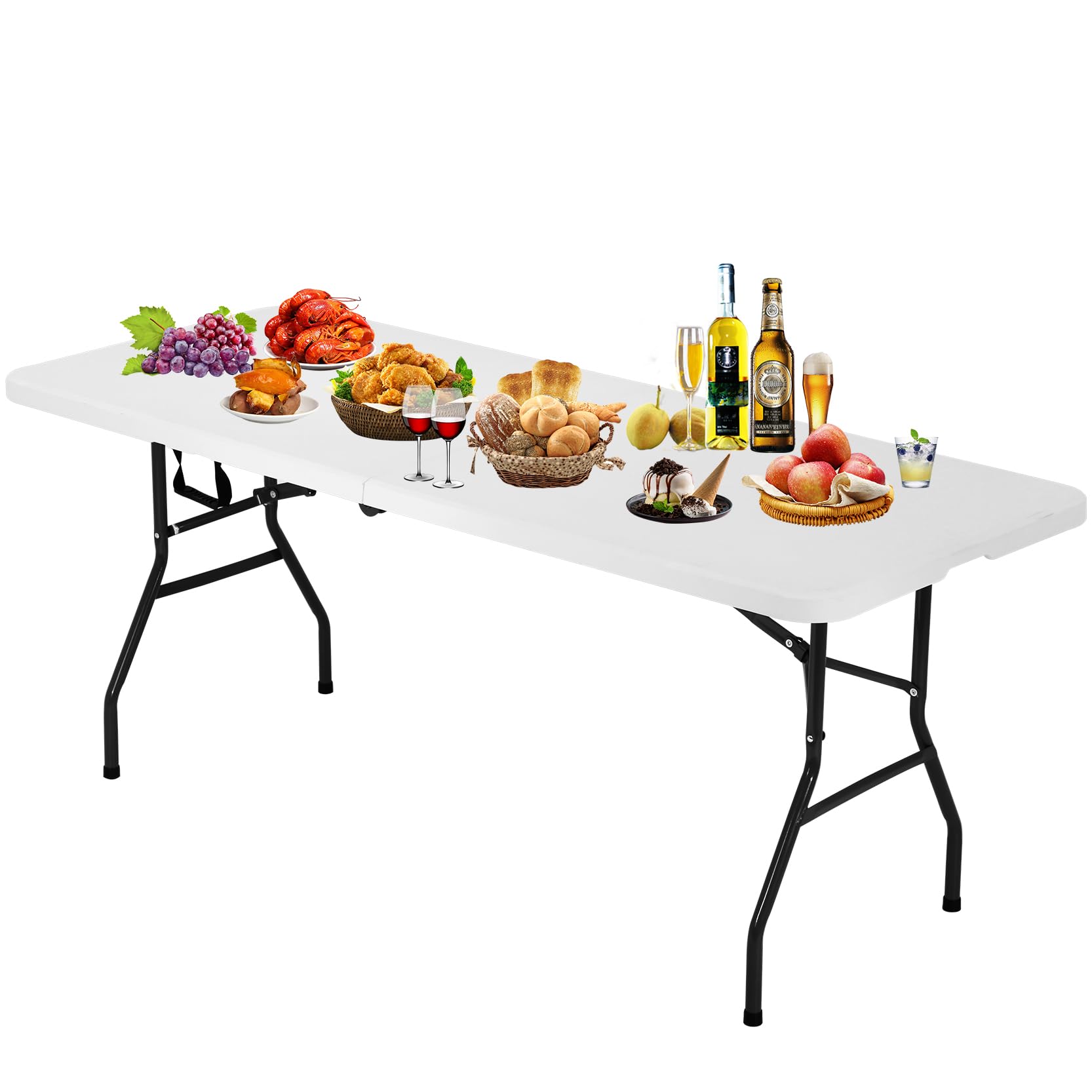 Generic Portable Folding Table 6ft Heavy Duty Plastic Foldable Table with Carrying Handle Outdoor Indoor Plastic Dining Table for Camping and Party