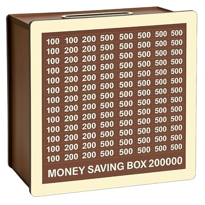 Image of Dr.MASHUR Wooden Money Saving Challenge Box with Printed Amount Board for Cash and Coin Collection, Reusable Saving Box for Kids and Adults (2lakh Money Box, 1, Count)