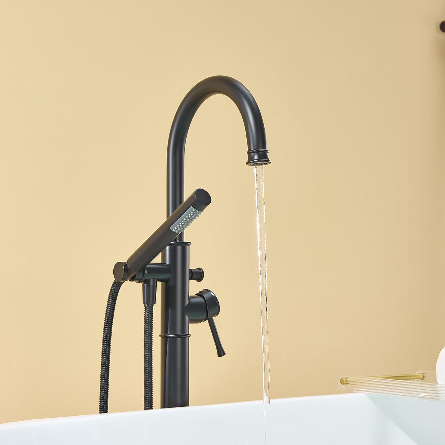Free Standing Tub Faucet Black Freestanding Bathtub Faucet Floor Mount Brass Bathroom Tub Filler with Hand Shower - Image 7