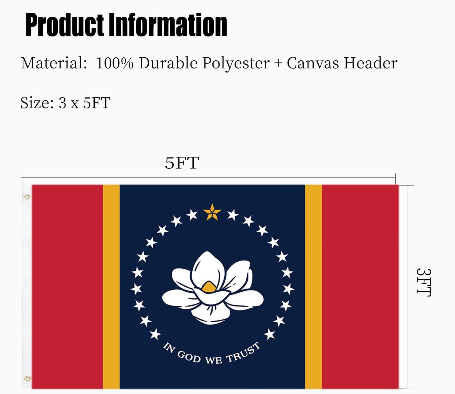 New Mississippi MS State Flag Double Sided 3x5 Outdoor Heavy Duty 3 Ply with Durable Canvas Header and 2 Brass Grommets Vivid Color - Image 7