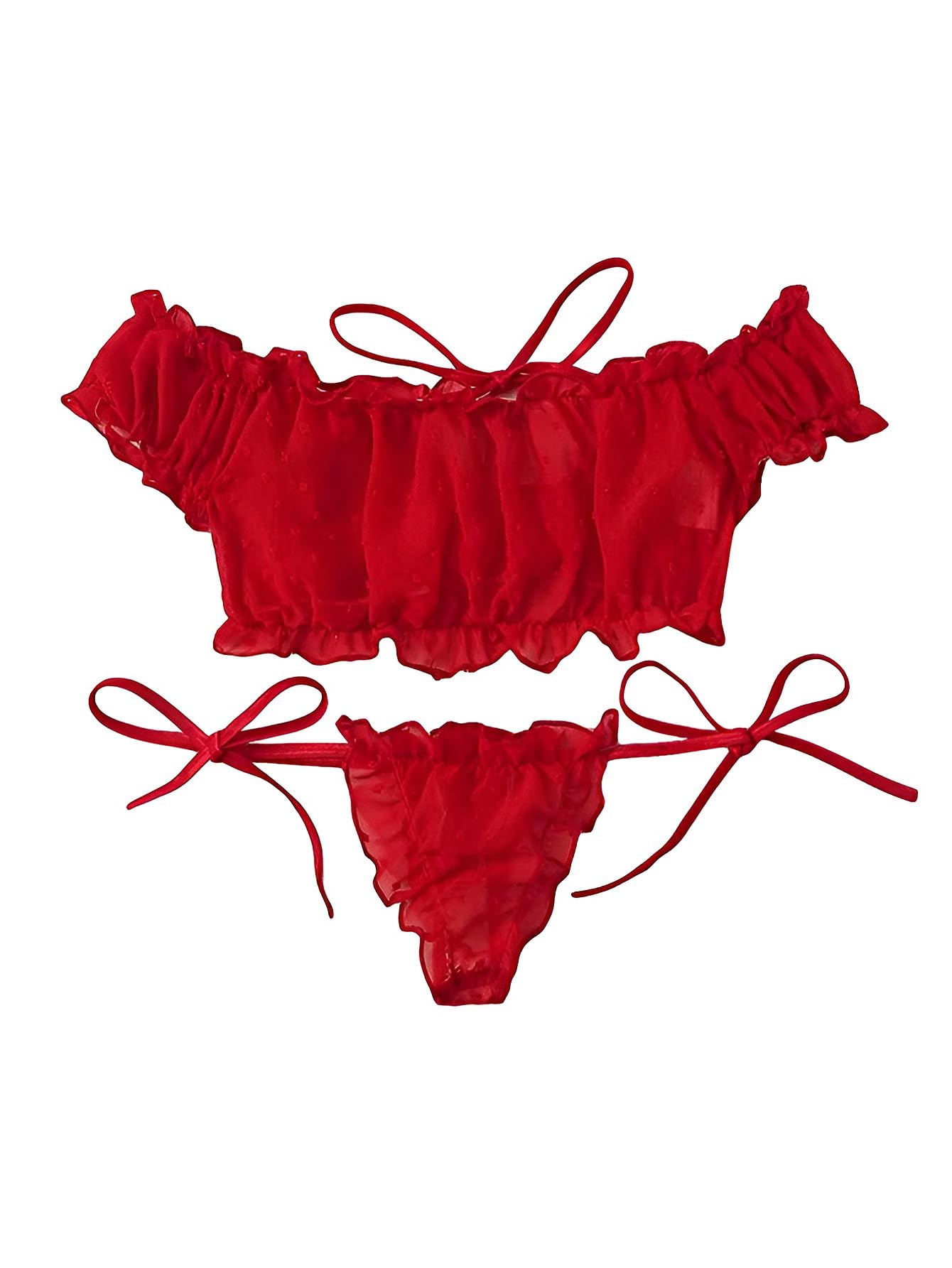 Lilosy Sexy Stretch Ruffle Tie Sheer Mesh Lingerie Set Outfits: Chiffon X-Small Chiffon Red