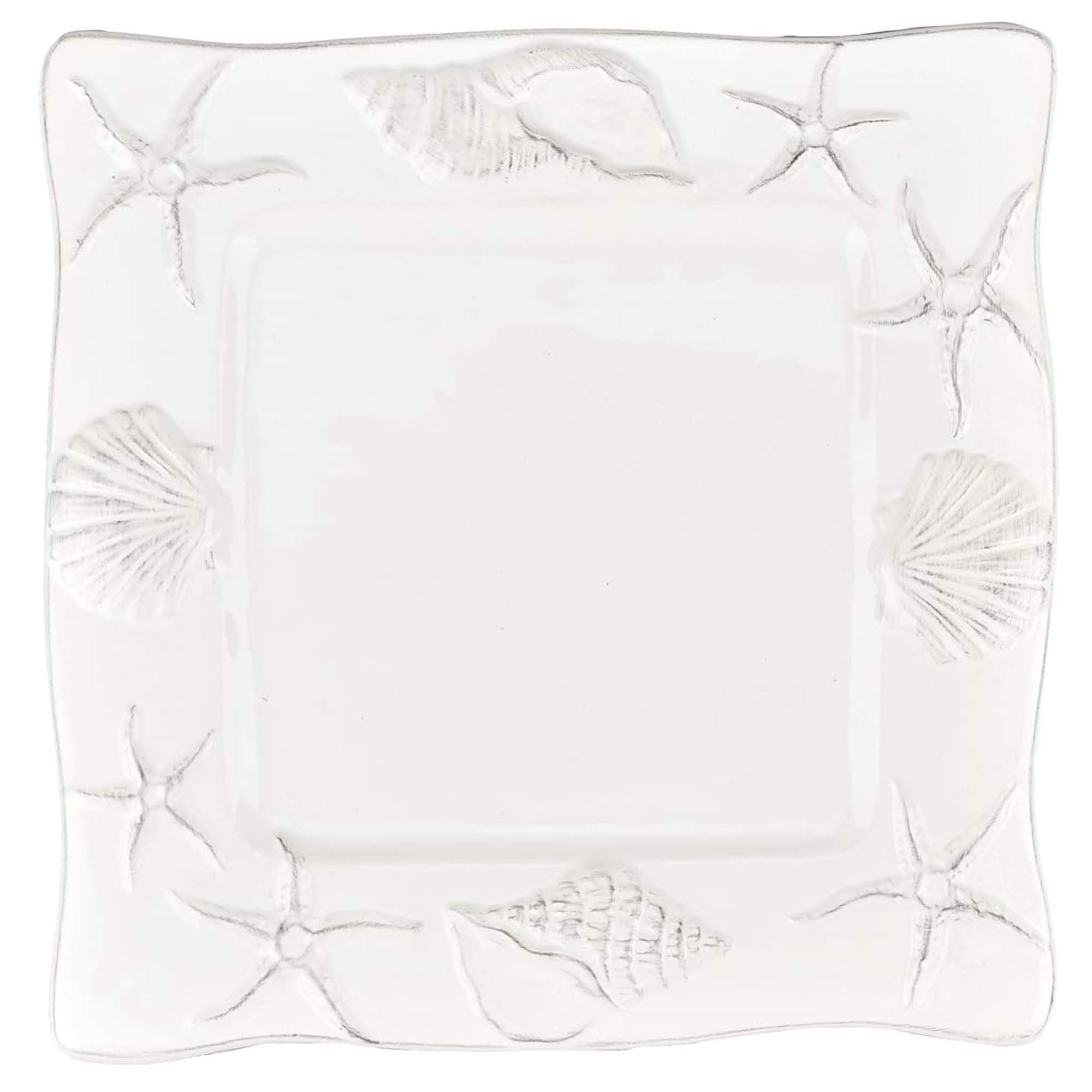 Photo 1 of Blue Sky Clayworks Laguna Coastal Plate, Ceramic, 9-Inch Square, White, Shell & Starfish Relief Charm
