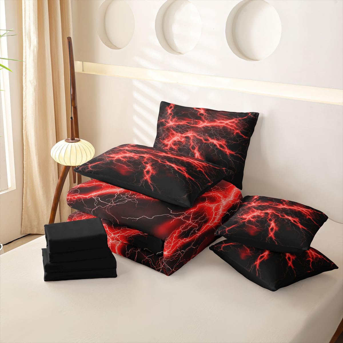 Loussiesd Juego de ropa de cama de 7 piezas con funda de edredón para cama de matrimonio de 7 piezas, color rojo y negro, decoración de habitación, geométrico, suave, ligero, microfibra para niños y