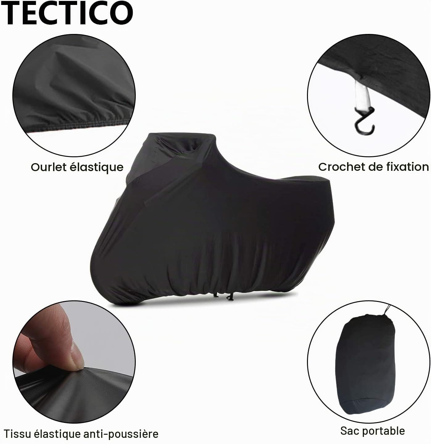 TECTICO Housse d'intérieur pour Moto Elastique Respirant Soft Stretch M Protection complète pour Le Garage et l'exposition de la Moto, Noir, 220 x 95 x 110cm