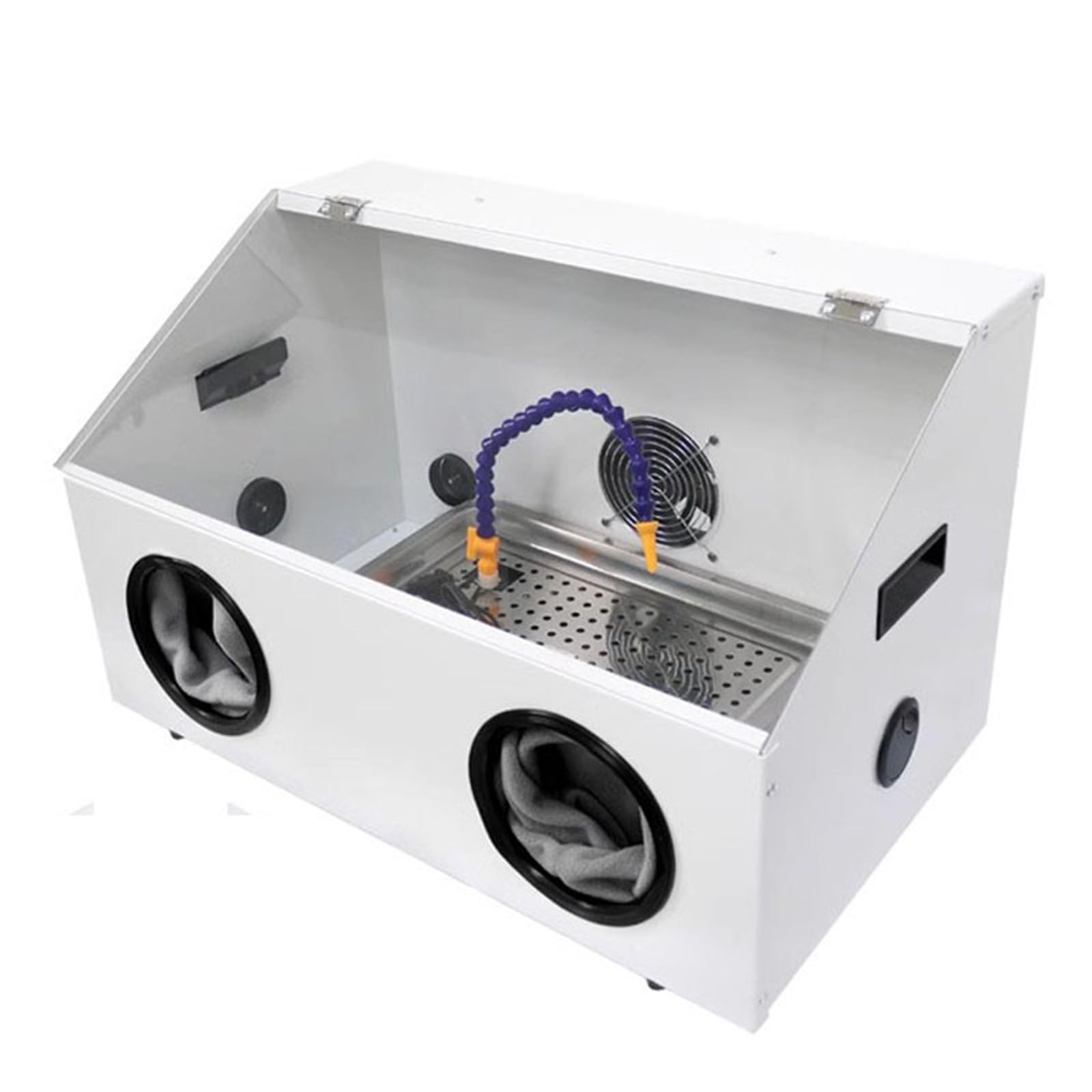 GAENZA Metal Grinding Polish Dust Box with 2 Holes, Metal Enclosed Grinding Box Acrylic Cover with Led Light Dustproof Polishing Booth for Polishing Spray Painting Engraving Sanding,L Tray,with fan