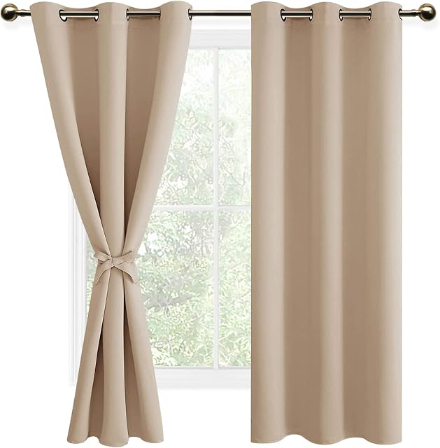 DWCN Beige Blackout Curtains with Tiebacks for Bedroom Thermal Insulated Solid Eyelet Curtains for Living Room,2 Panels,46" Wide x 72" Drop