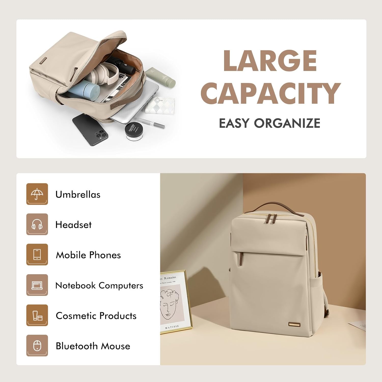 GOLF SUPAGS Travel Laptop Backpack for Women Airline Approved for Work College Travel Multi-Functional Casual Daypack Teacher Nurse Bags Fits 15.6 Inch Notebook (Apricot) - Image 6